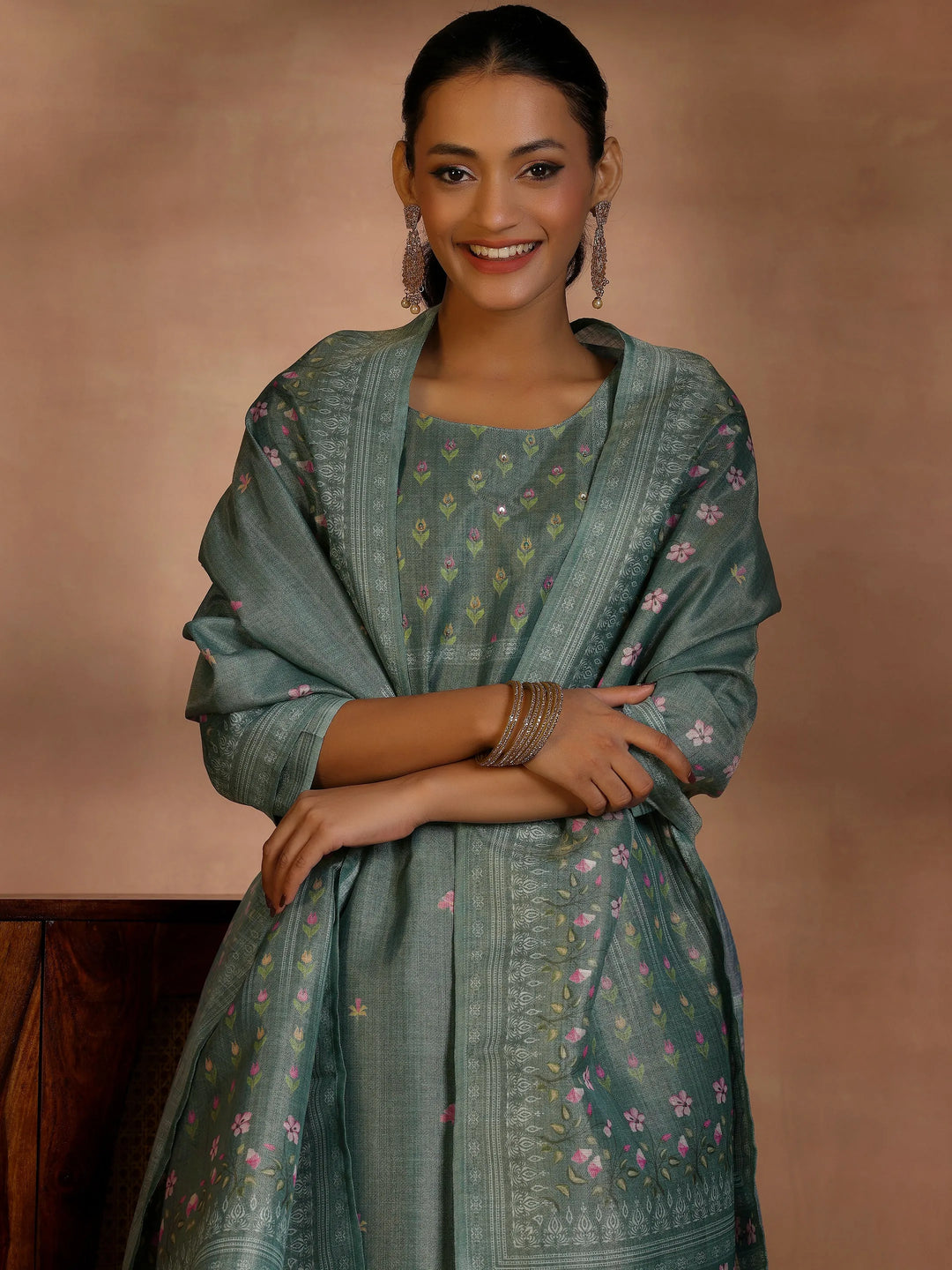 Green Printed Silk Blend Straight Suit With Dupatta 