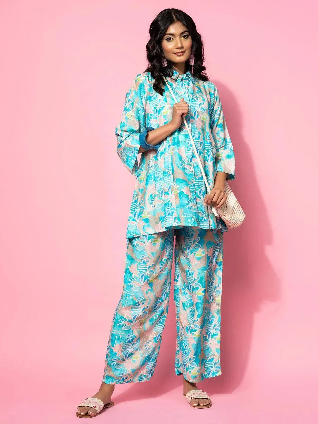  Blue Printed Silk Blend Co-Ords 