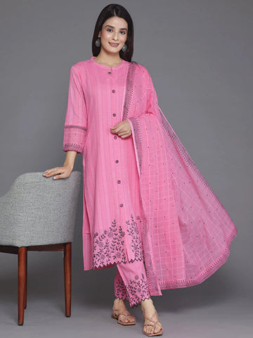 Pink Woven Design Cotton Straight Suit With Dupatta