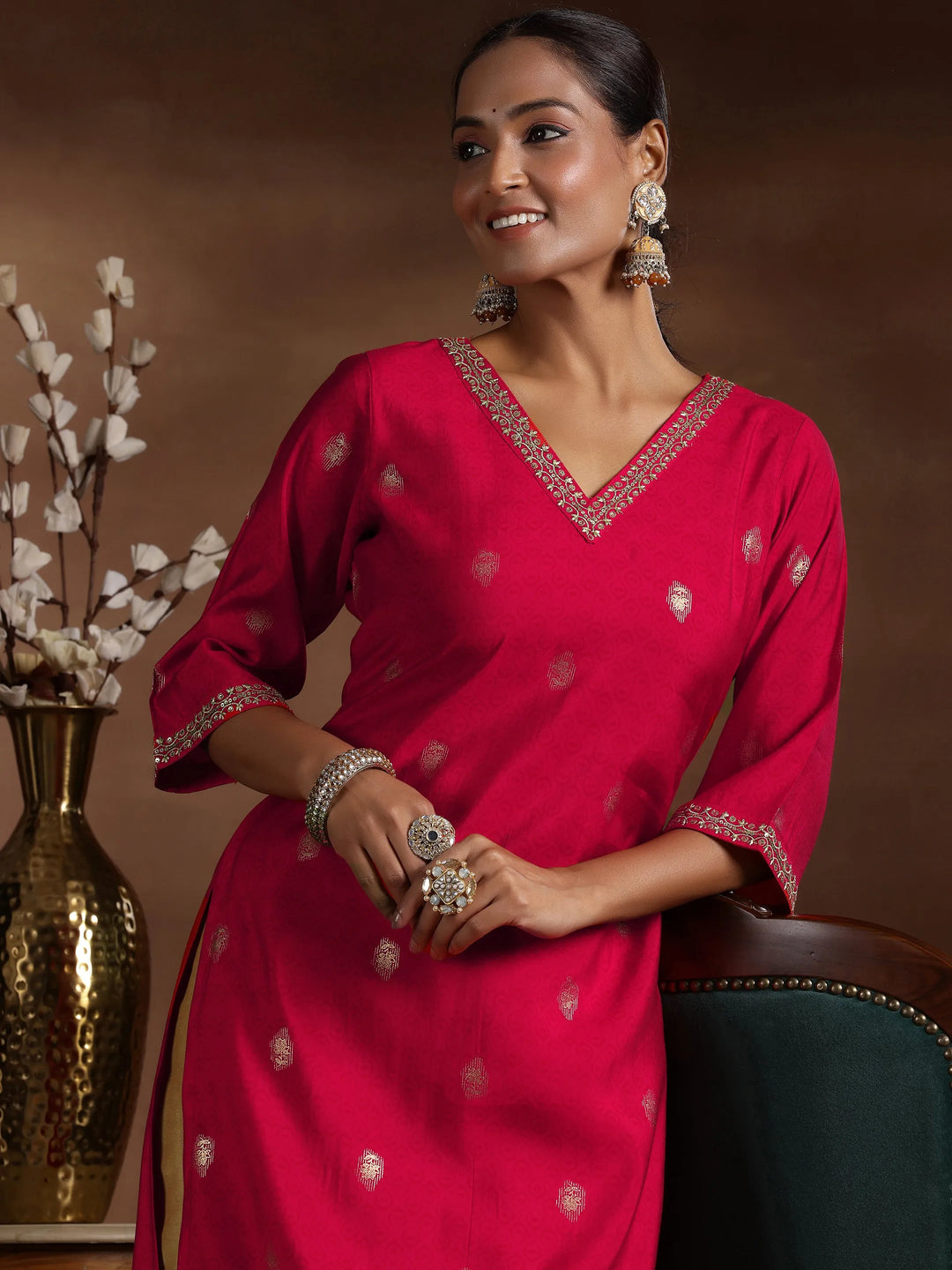  Red Printed Silk Straight Kurta 