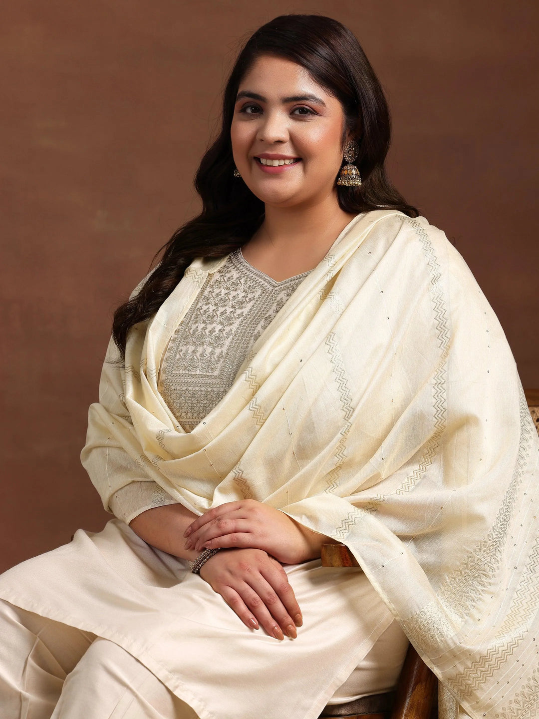 Plus Size Off White Yoke Design Silk Blend Straight Suit With Dupatta - Libas 