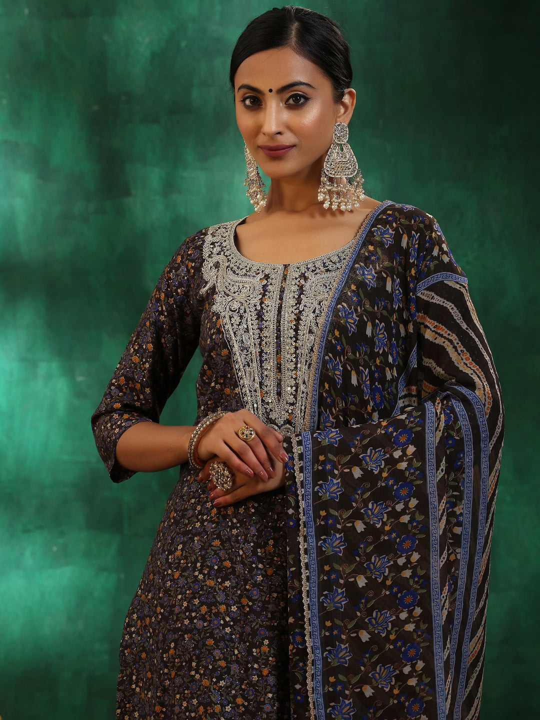  Black Printed Silk Blend Straight Suit With Dupatta 