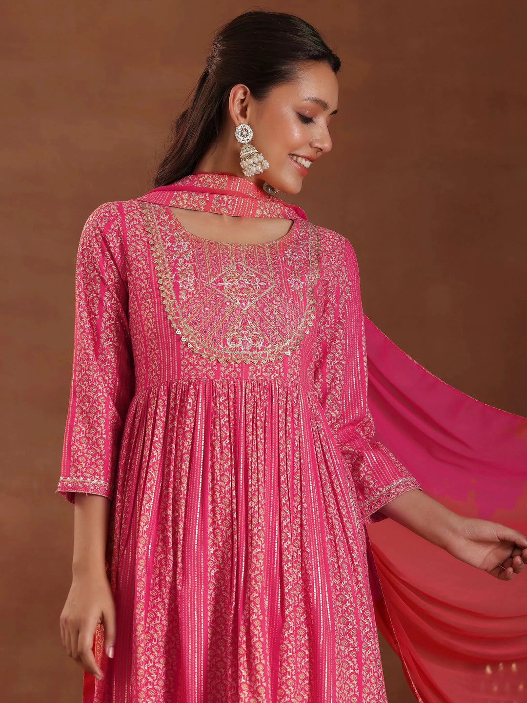  Coral Printed Rayon A-Line Kurta With Sharara & Dupatta 