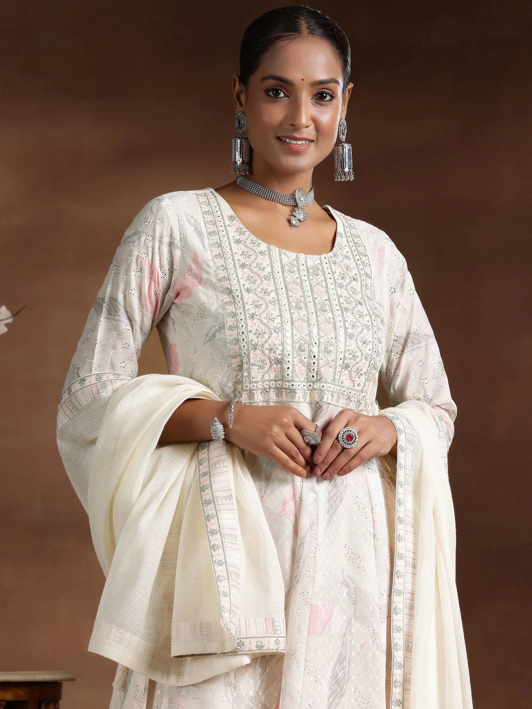  Off White Embroidered Cotton A-line Kurta  With Trousers & Dupatta 