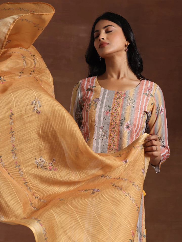 Mustard Striped Cotton Straight Suit With Dupatta - Libas