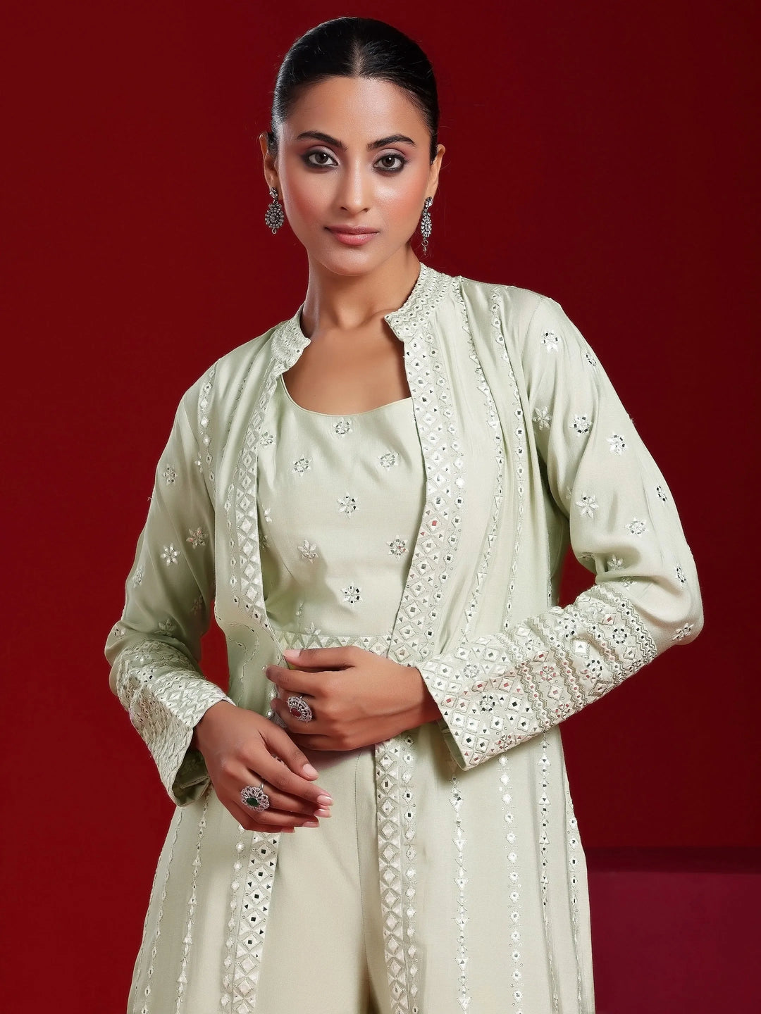  Libas Art Grey Embroidered Silk Blend 3 Piece Co-Ords 
