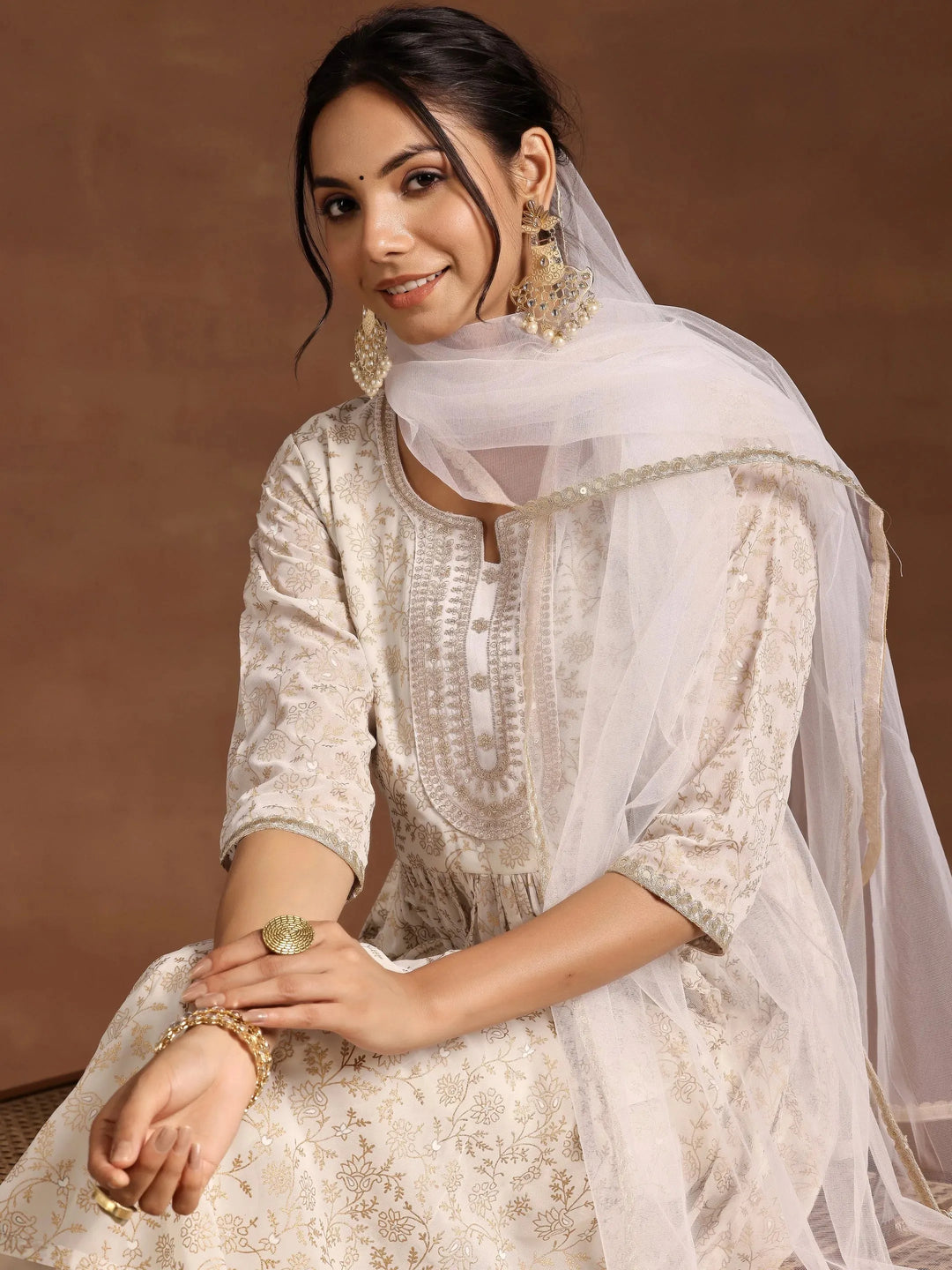  Off White Printed Georgette A-Line Suit With Dupatta 