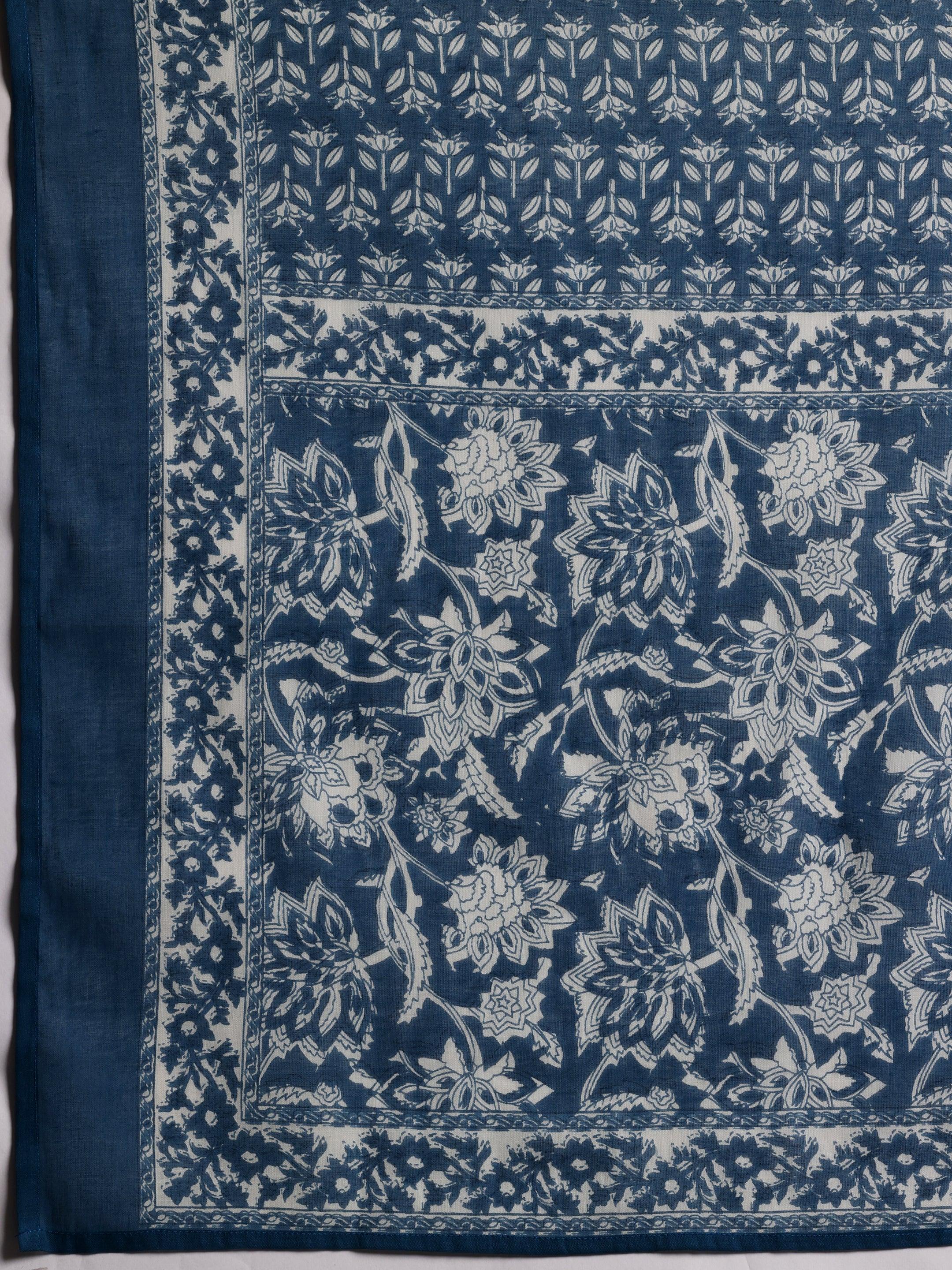 Blue Printed Cotton A-Line Kurta With Trousers & Dupatta
