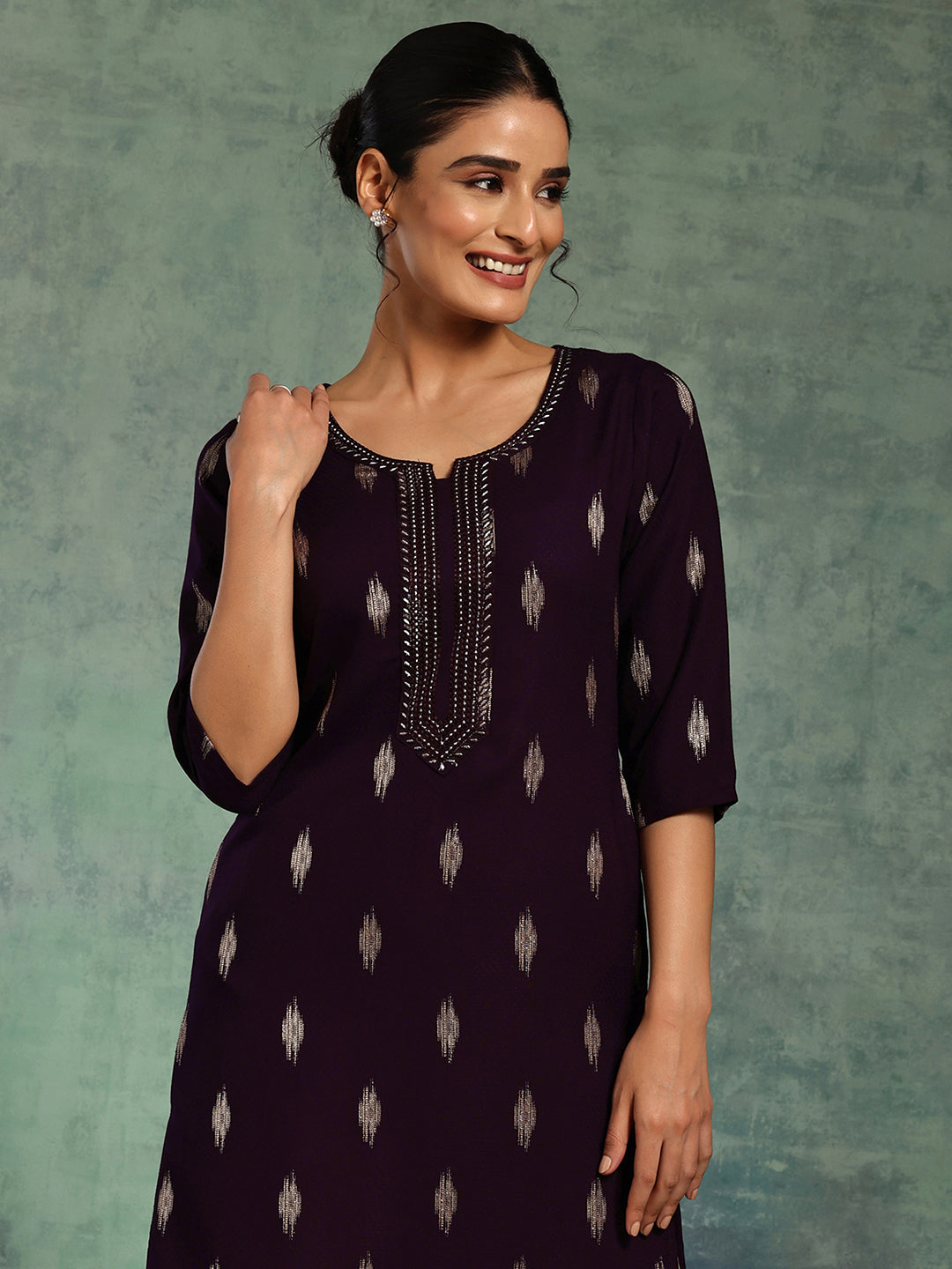  Purple Woven Design Rayon Straight Kurta 