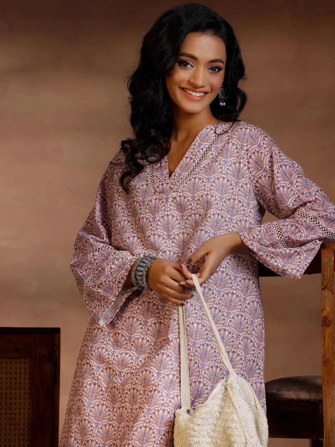  Beige Printed Cotton Straight Kurta Set 