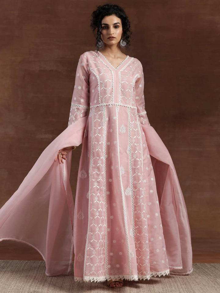 Pink Embroidered Organza A-Line Kurta With Palazzos & Dupatta - Libas
