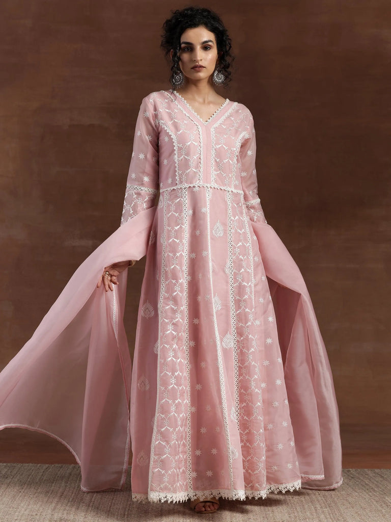Libas Pink Embroidered Organza A-Line Kurta With Palazzos & Dupatta