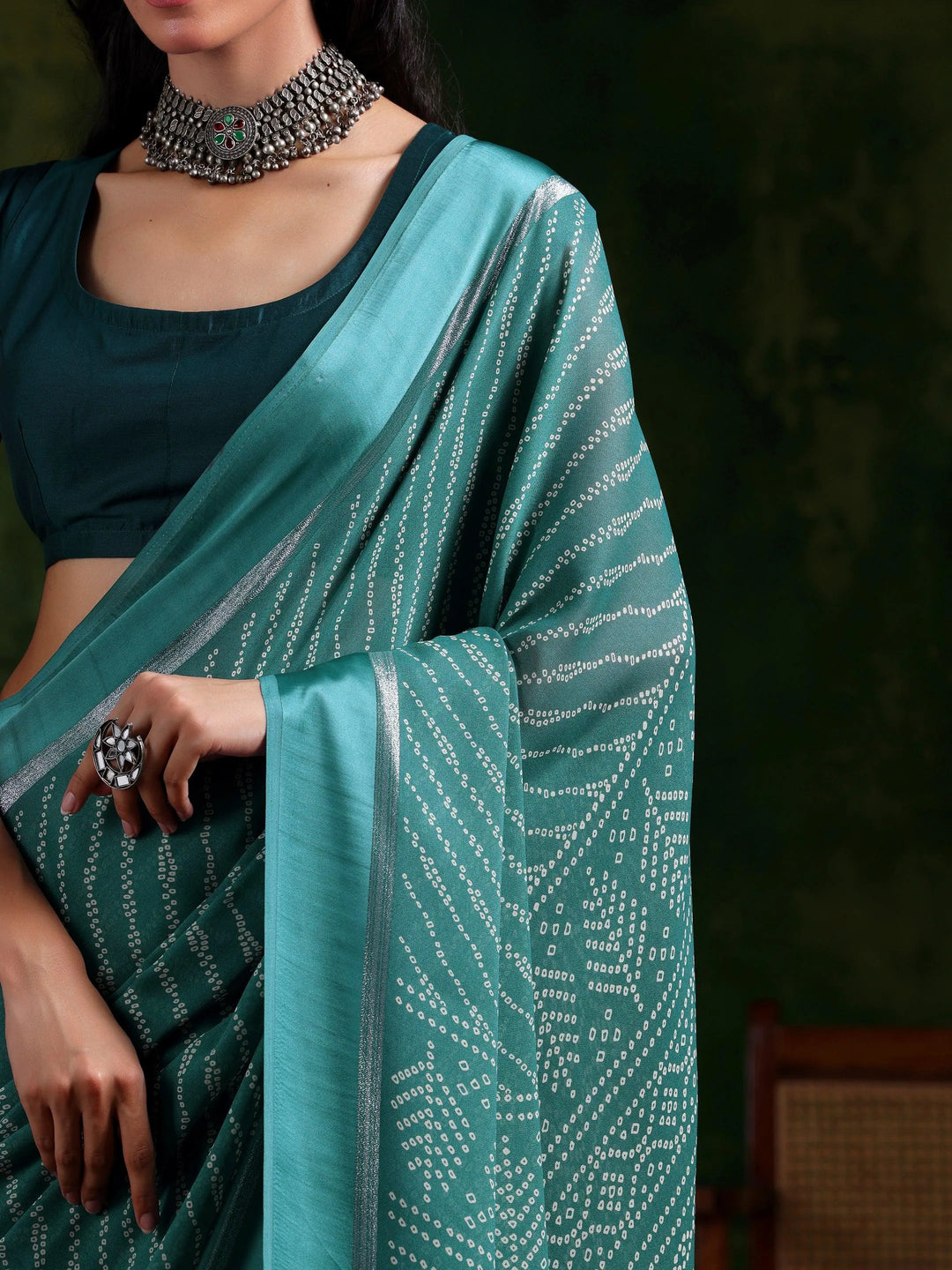 Green Printed Satin Saree With Unstitched Blouse Piece - Libas 