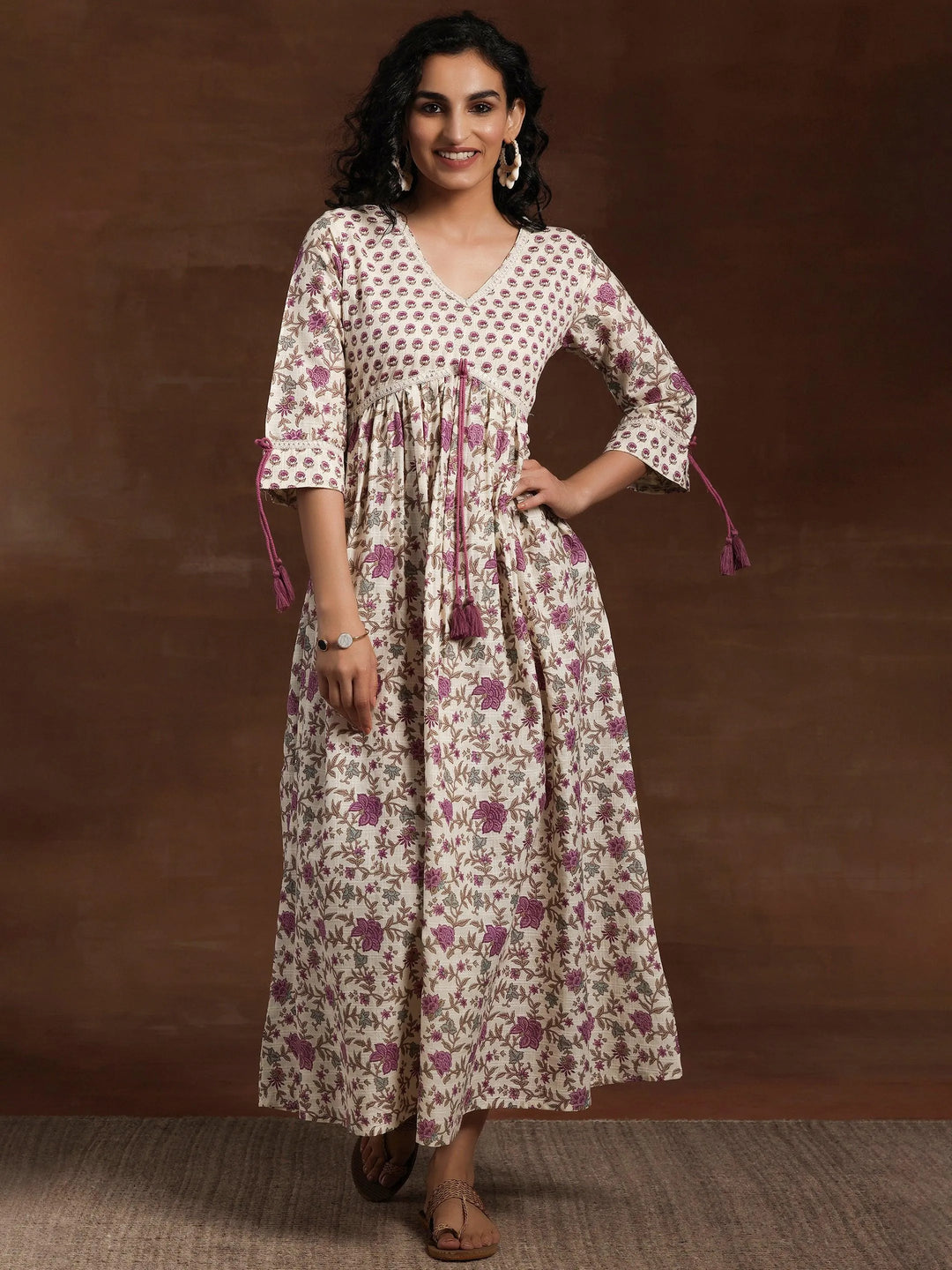 Off White Printed Cotton Fit and Flare Dress - Libas 