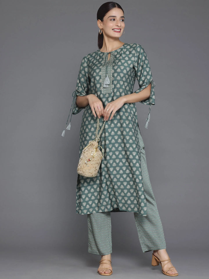 Green Printed Silk Blend Straight Kurta Set - Libas