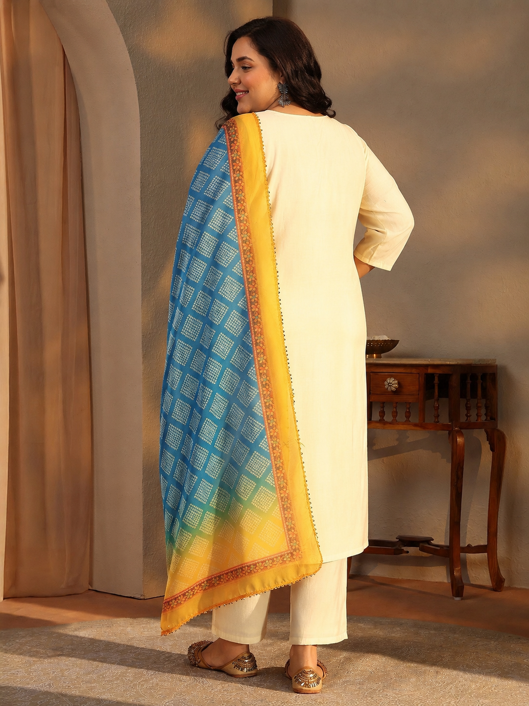  Plus Size Off White Ethnic Motif Printed Chanderi Silk Straight Suit Set 