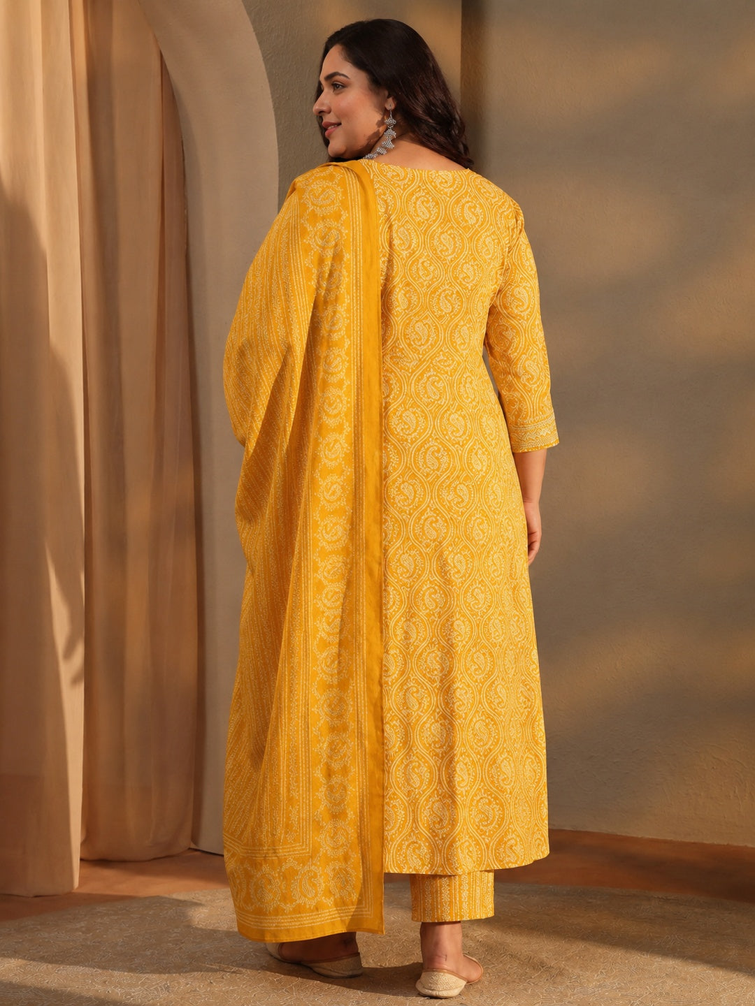  Plus Size Mustard Paisley Printed Cotton Blend Anarkali Suit Set 