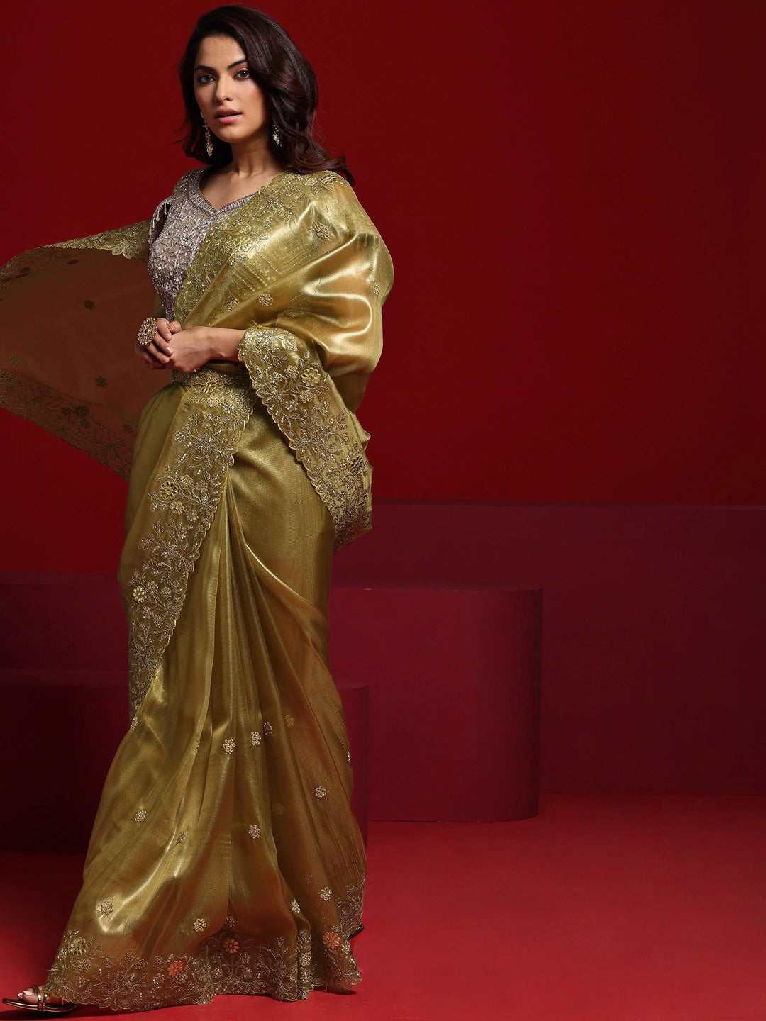Libas Art Mustard Embroidered Silk Blend Saree With Unstitched Blouse Piece - Libas 