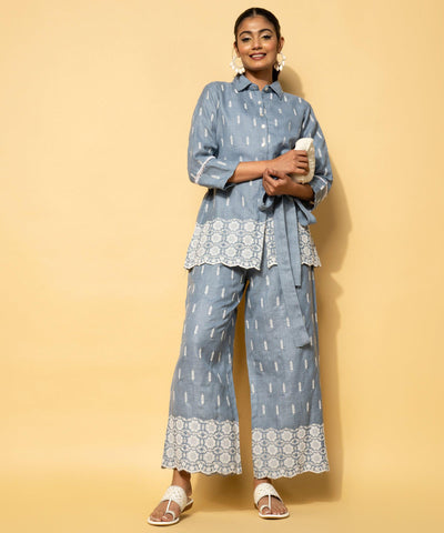 Blue Embroidered Linen Co-Ords - Libas
