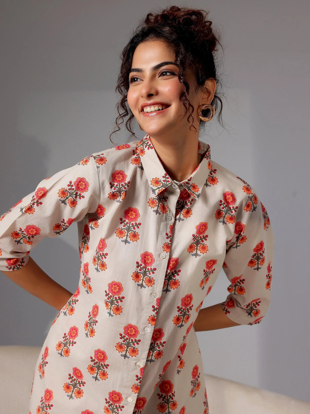 Beige Printed Cotton Night Suits - Libas 