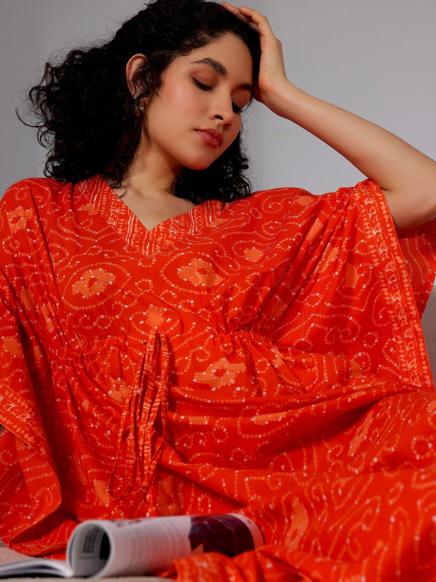 Orange Printed Cotton Kaftan Night Dress - Libas