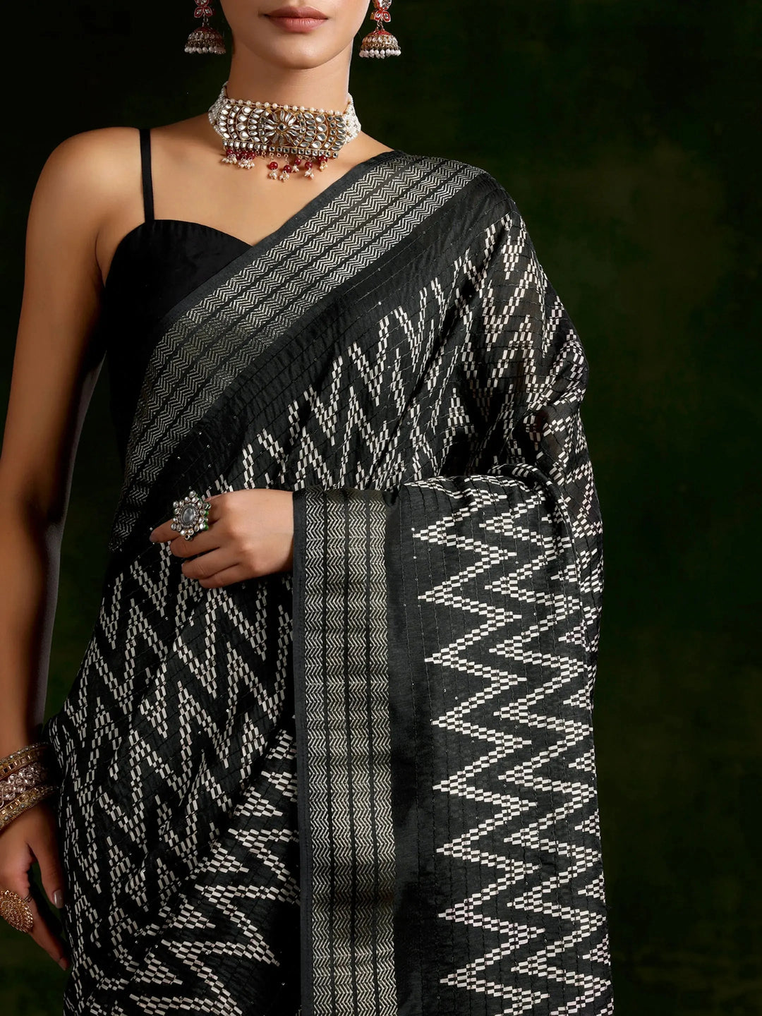  Black Printed Silk Blend Saree With Unstitched Blouse Piece 