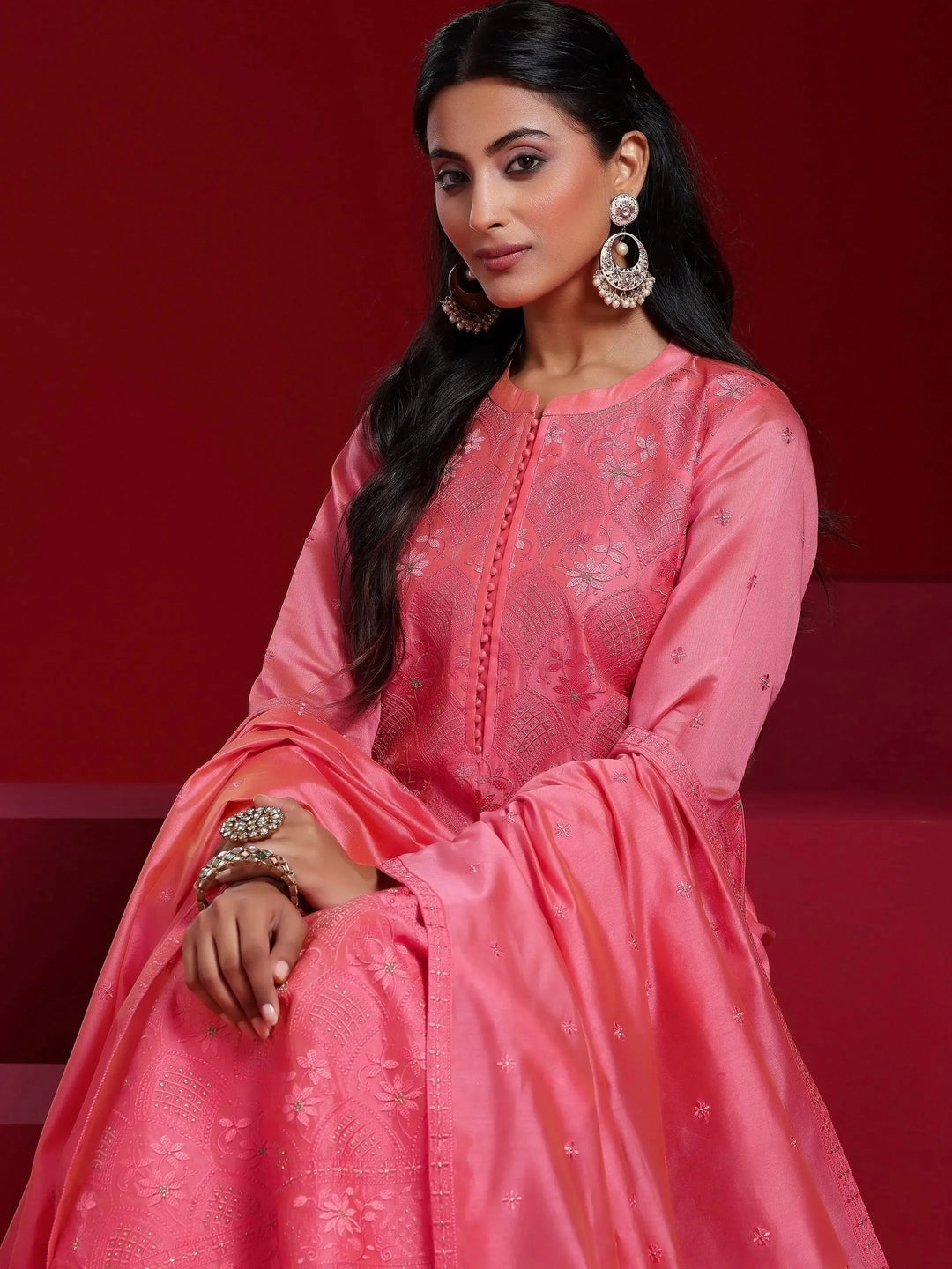  Libas Art Coral Embroidered Chanderi Silk Straight Suit With Dupatta 