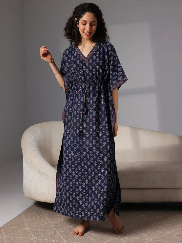 Navy Blue Printed Cotton Kaftan Night Dress - Libas