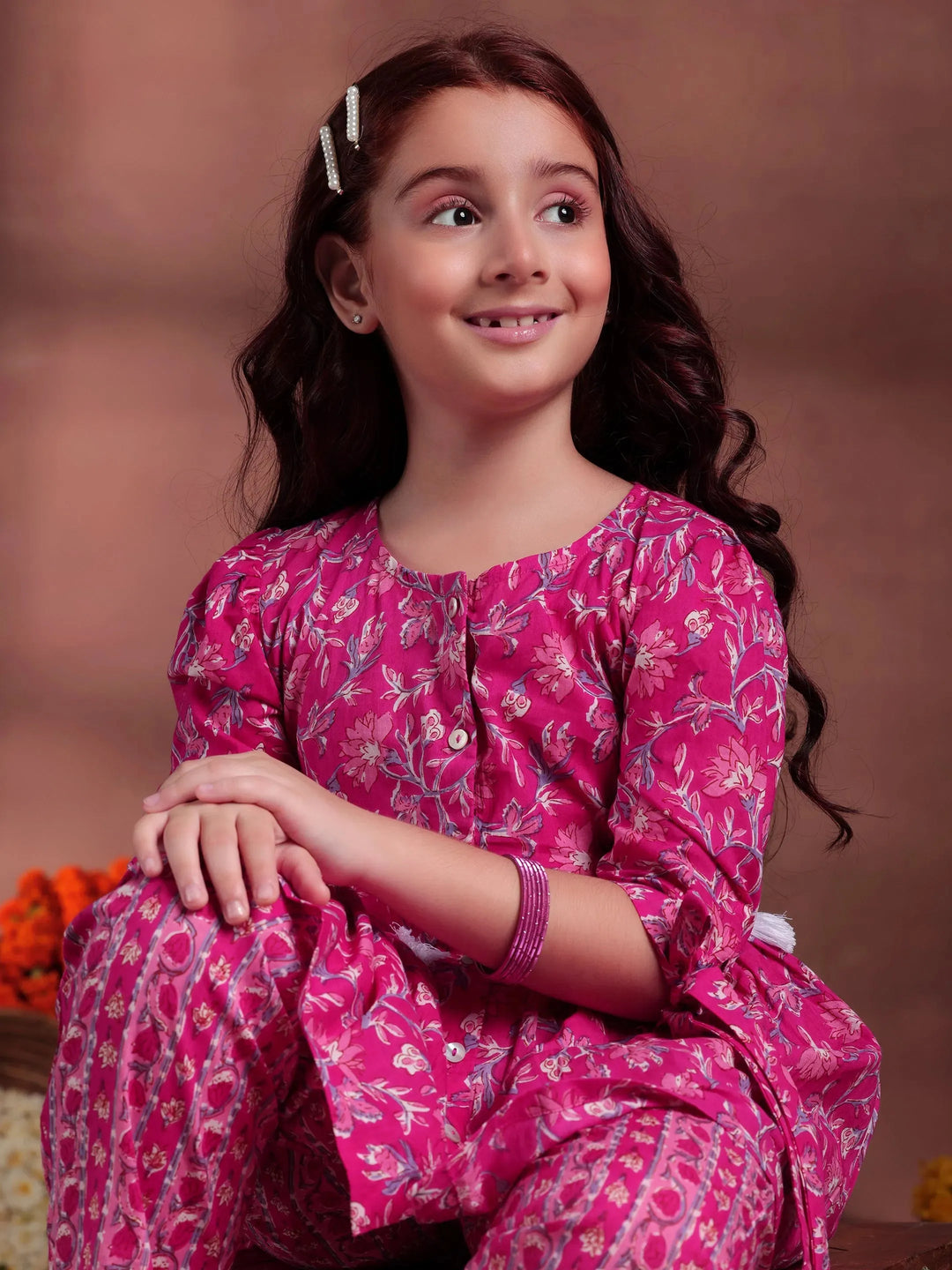  Kids Pink Printed Cotton A-Line Kurti With Trousers & Dupatta 