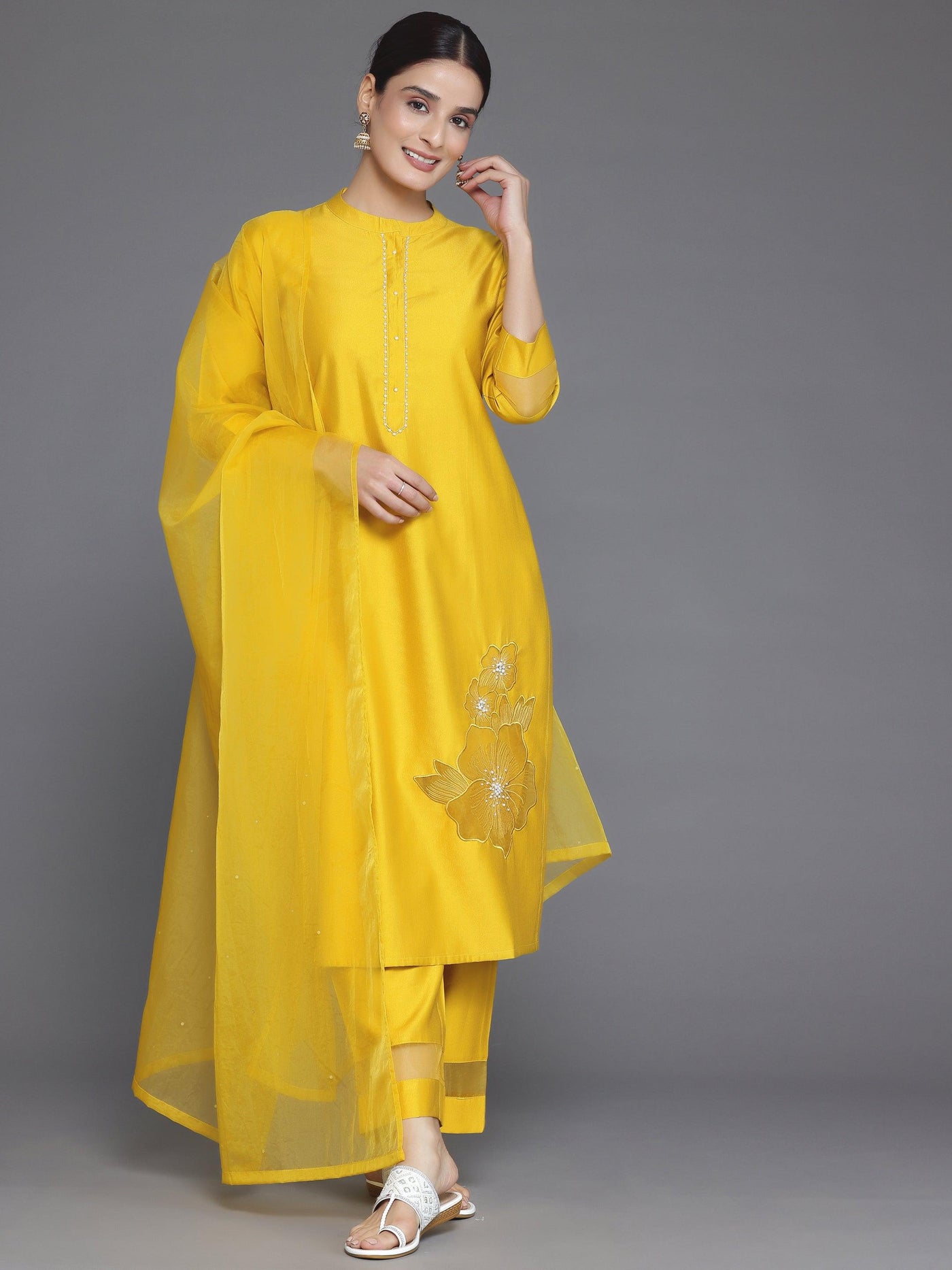 Yellow Solid Silk Blend Straight Suit With Dupatta - Libas