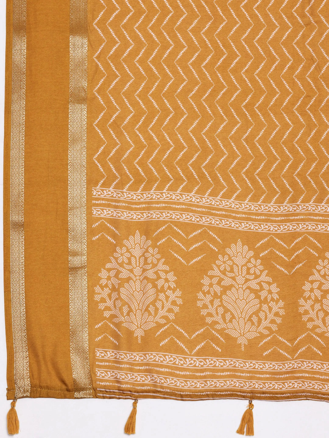 Mustard Printed Silk Blend Saree With Unstitched Blouse Piece - Libas 