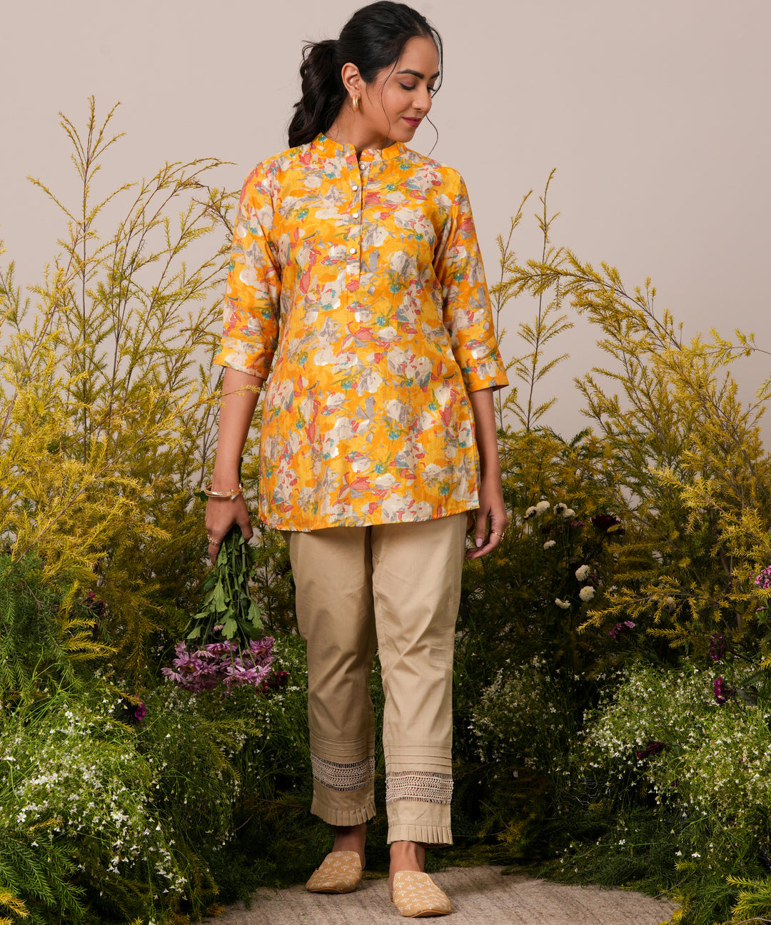  Yellow Printed Silk Blend Straight Short Kurti 