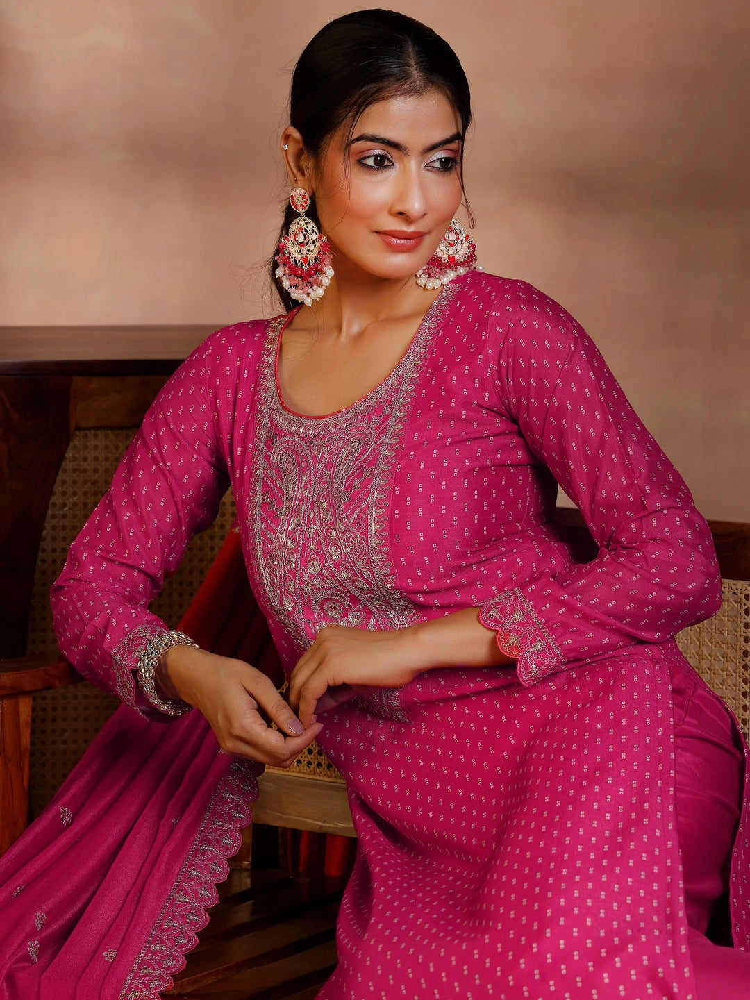  Pink Printed Silk Blend Straight Suit With Dupatta 