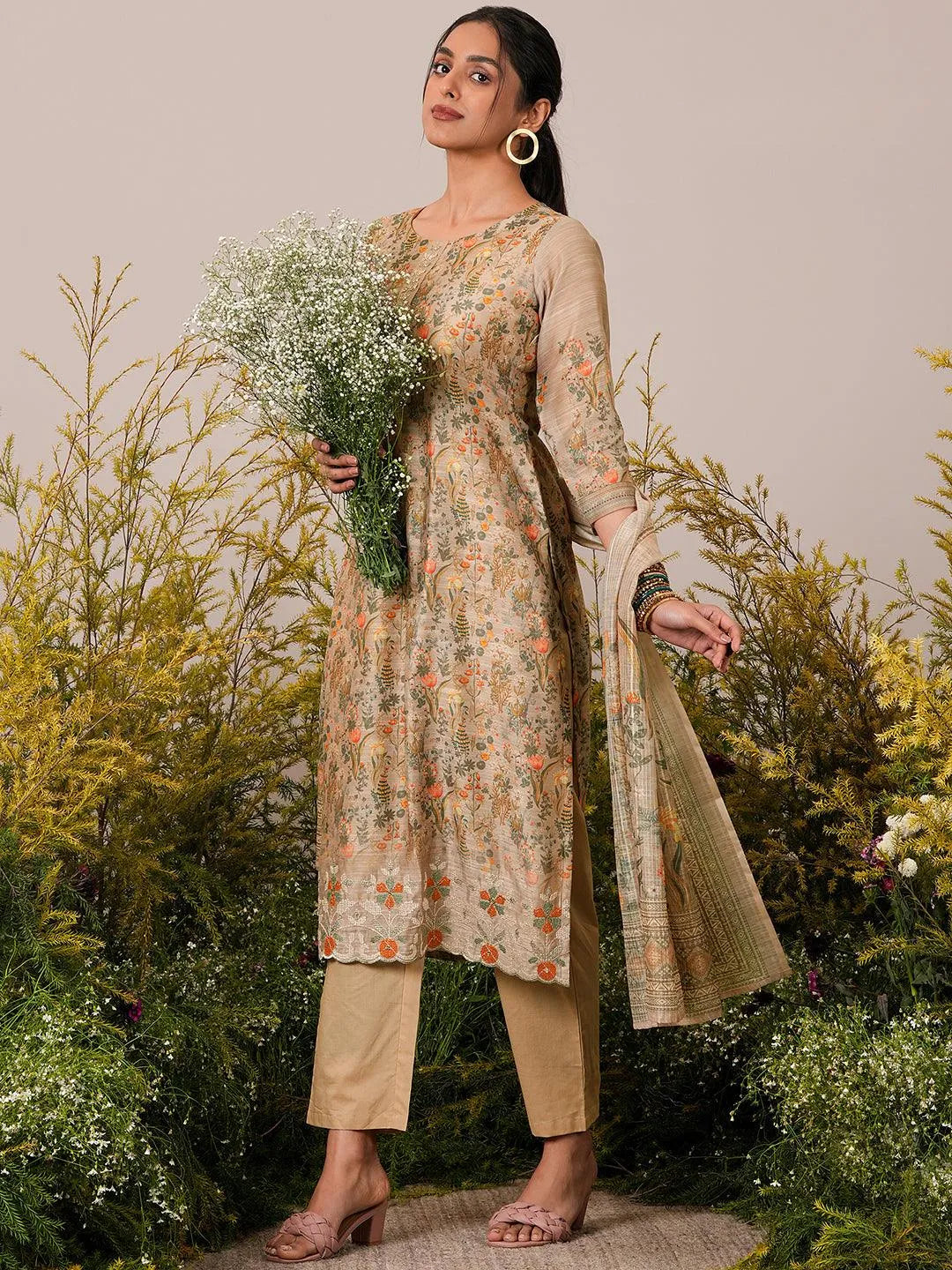 Tan Printed Chanderi Silk Straight Suit With Dupatta - Libas 