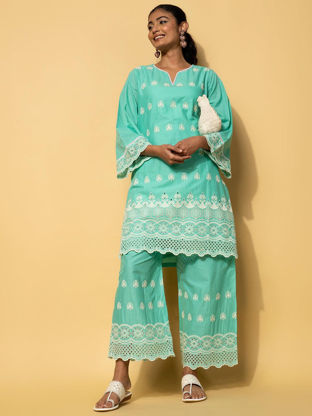 Green Embroidered Cotton Co-Ords