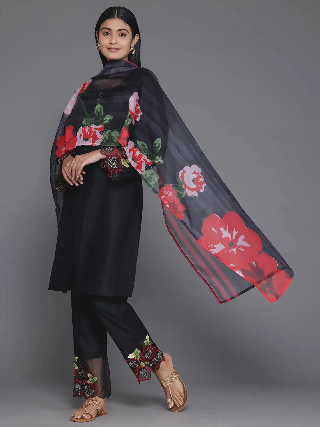  Black Solid Silk Blend Straight Suit With Dupatta 