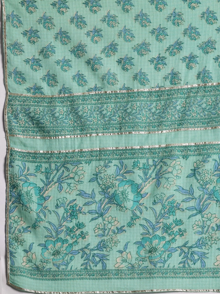 Turquoise Printed Cotton A-Line Kurta With Palazzos & Dupatta - Libas
