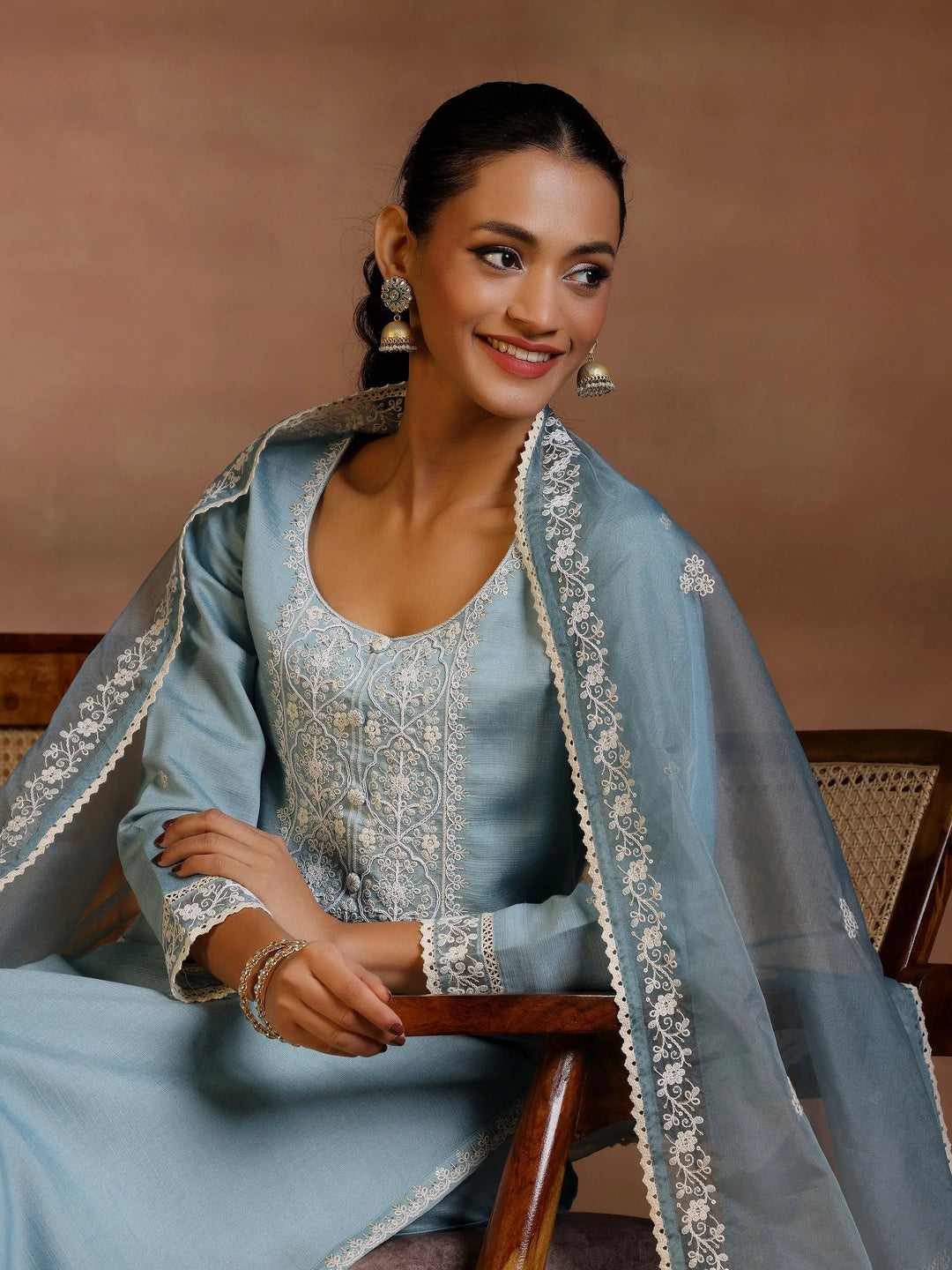 Blue Yoke Design Silk Blend Straight Suit With Dupatta 