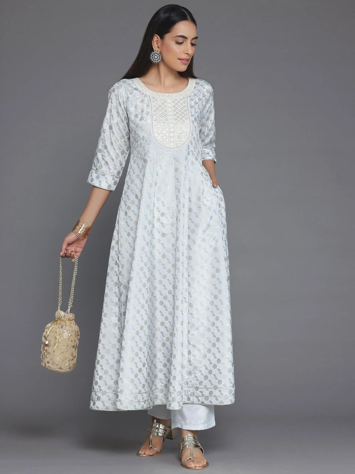 Grey Printed Silk Blend A-Line Kurta With Trousers - Libas