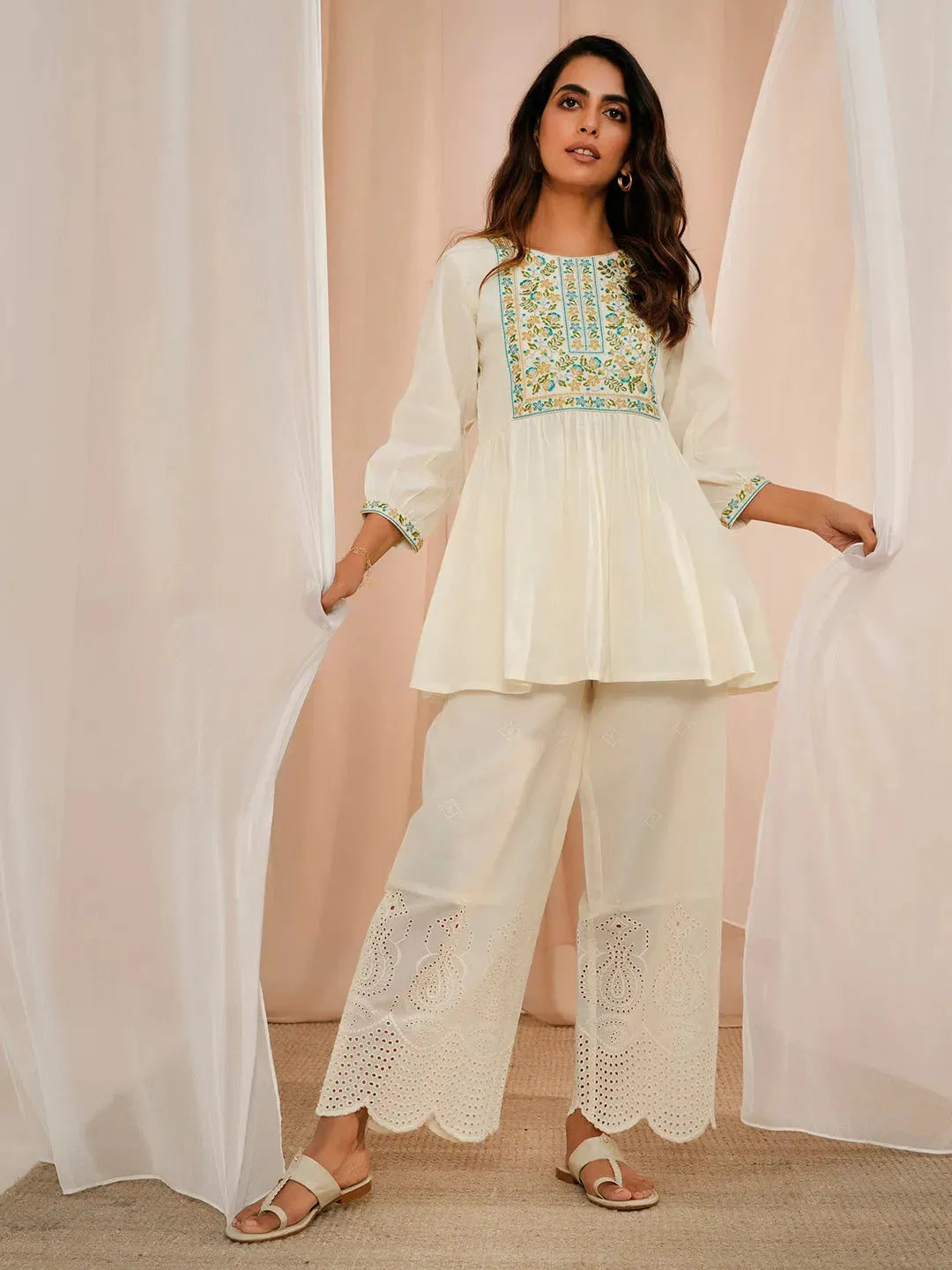  Off White Embroidered Cotton Wide Leg Palazzos 