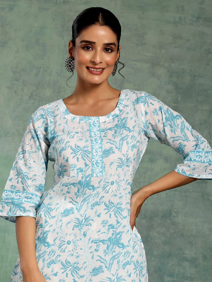 White Printed Cotton Straight Kurti - Libas
