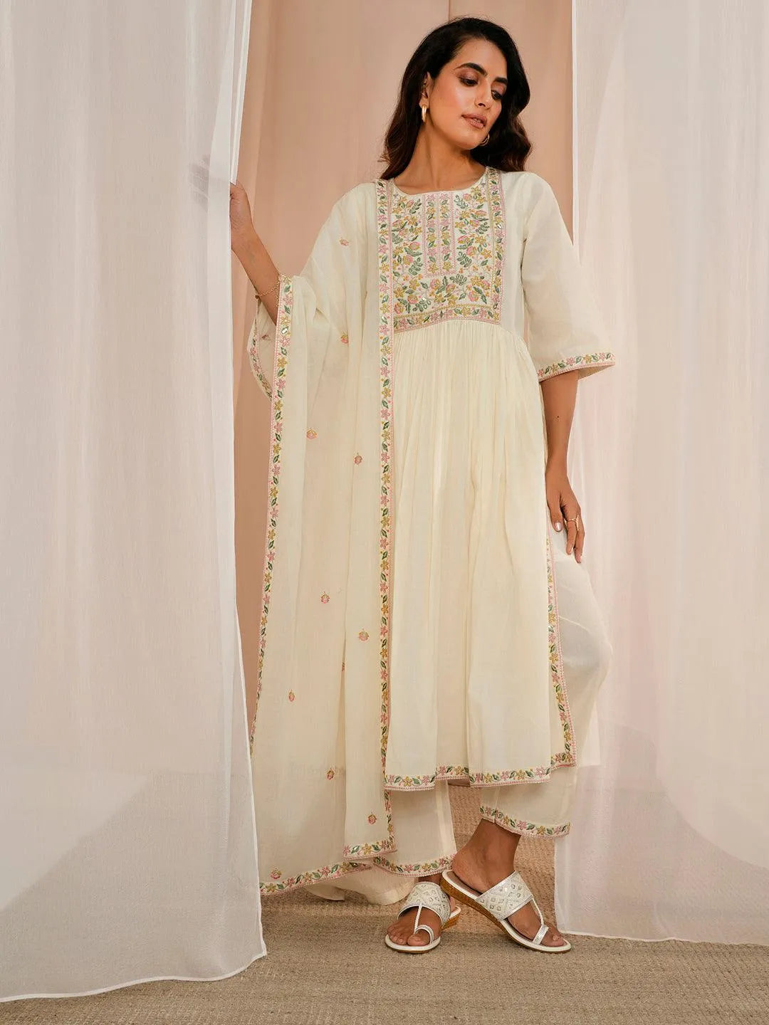 Off White Yoke Design Cotton A-Line Kurta With Palazzos & Dupatta - Libas 