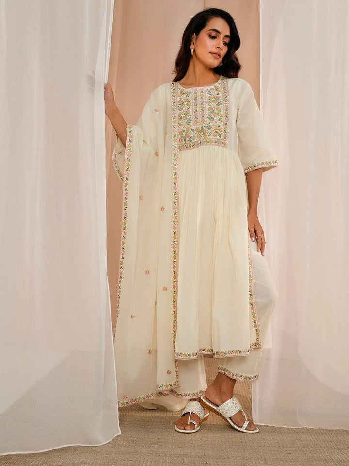 Off White Yoke Design Cotton A-Line Kurta With Palazzos & Dupatta - Libas