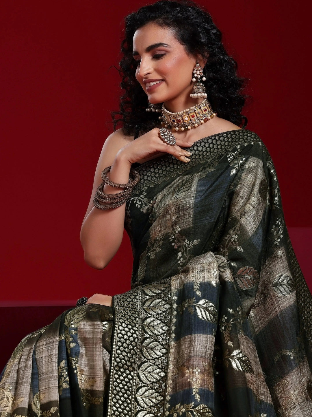 Libas Art Black Colorblocked Satin Saree With Unstitched Blouse Piece - Libas 