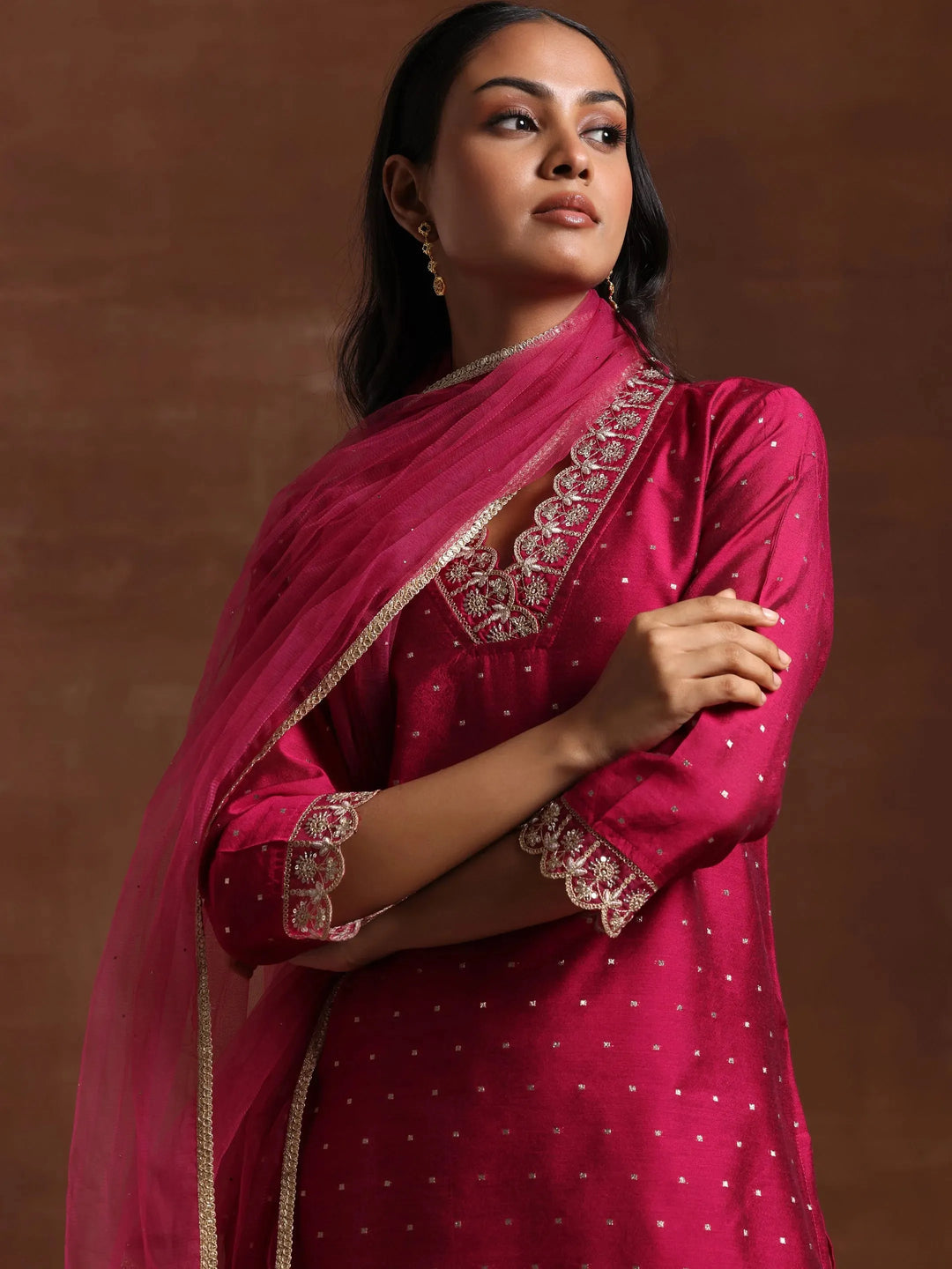  Pink Self Design Silk Blend Straight Suit With Dupatta 