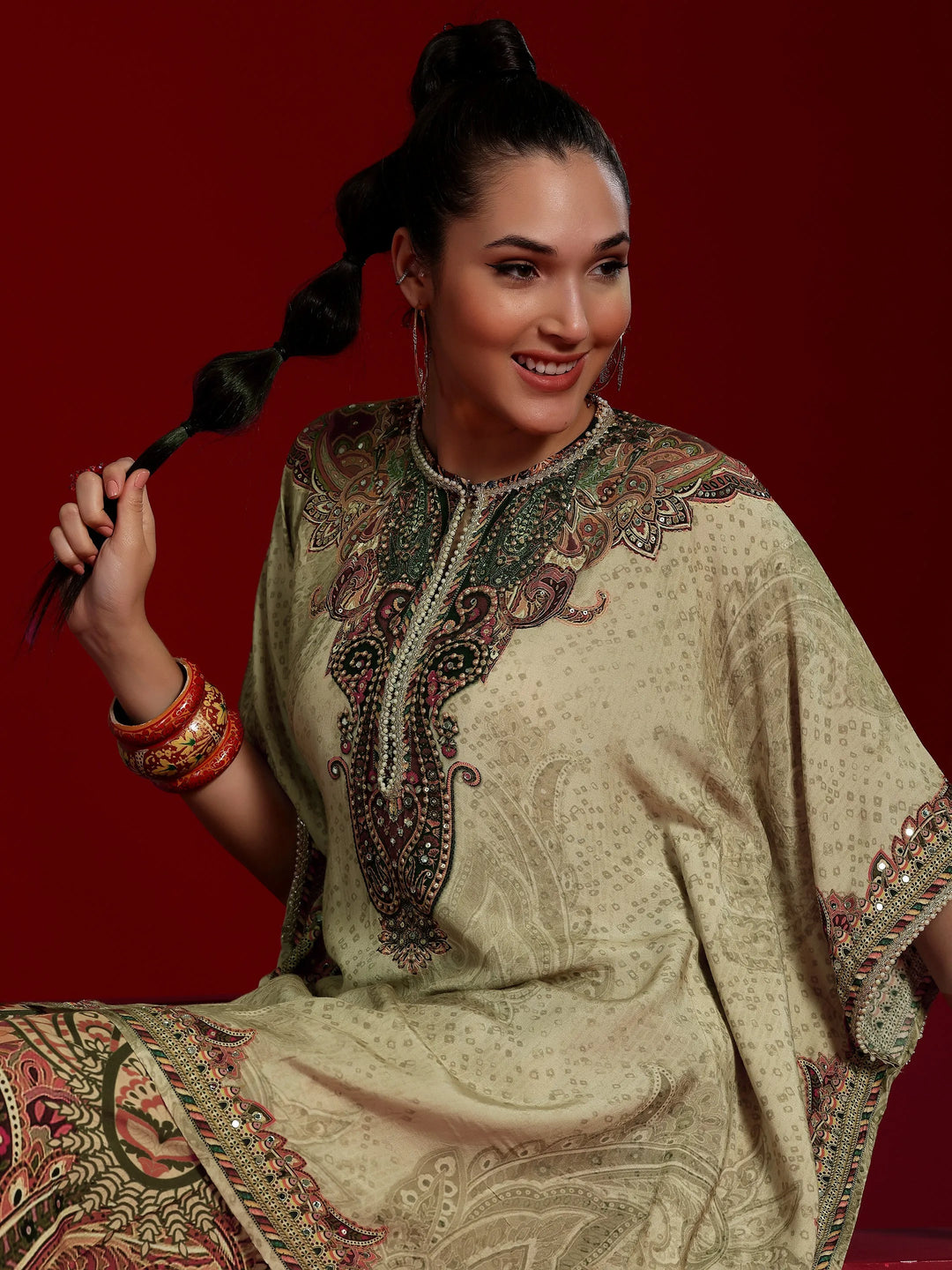  Libas Art Beige Printed Silk Blend Co-Ords 