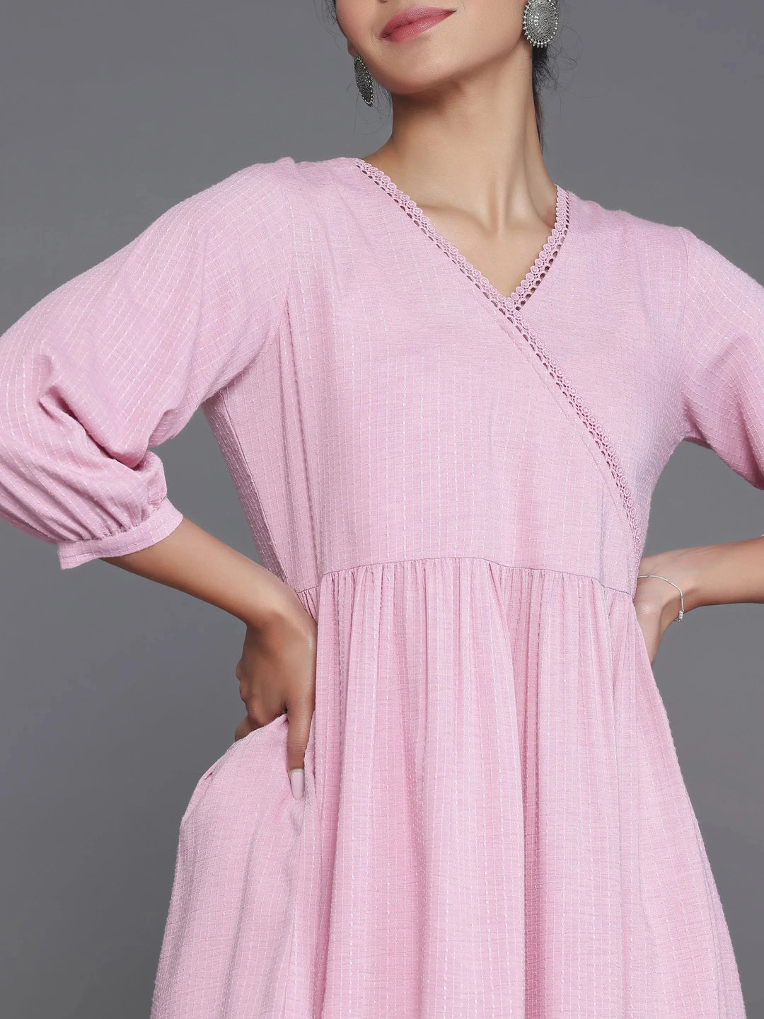  Pink Woven Design Cotton Blend A-Line Kurti 