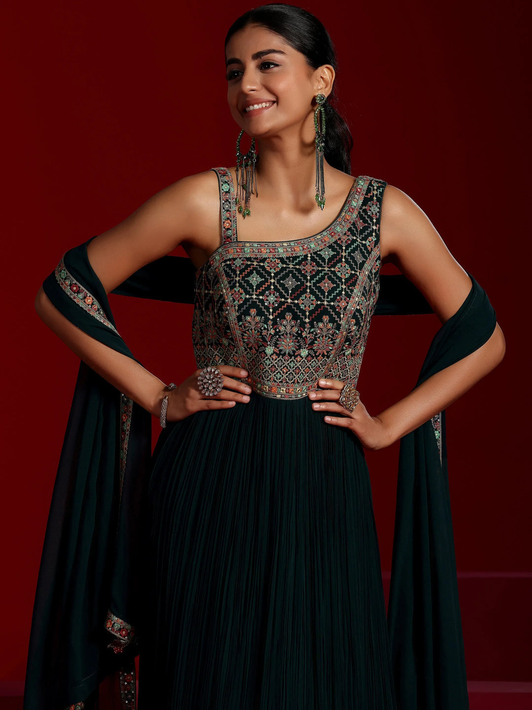  Libas Art Blue Embroidered Georgette A-Line Kurta With Trousers & Dupatta 