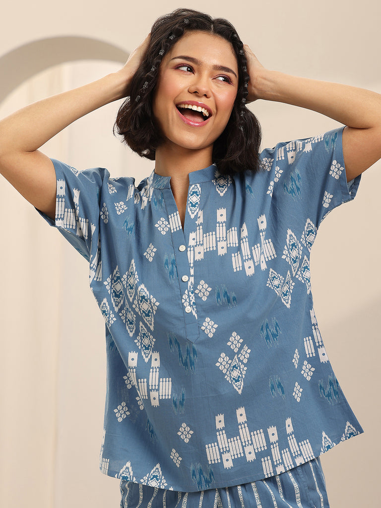 Libas Blue Printed Cotton Night Suits