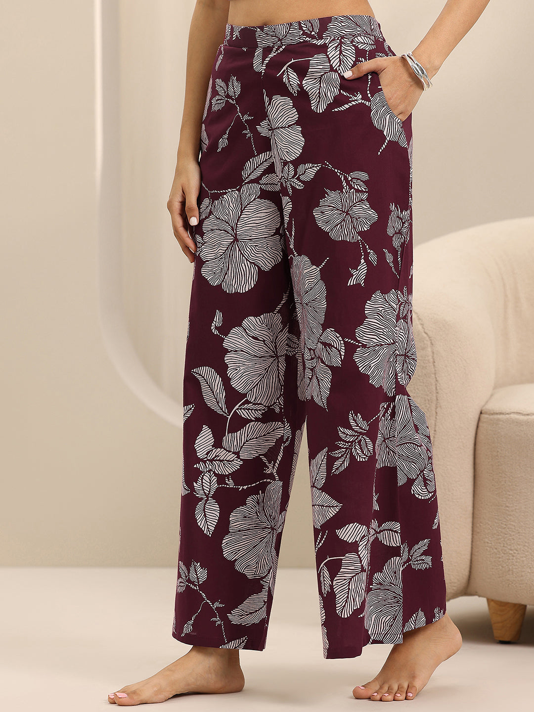  Burgundy Printed Cotton Night Suits 